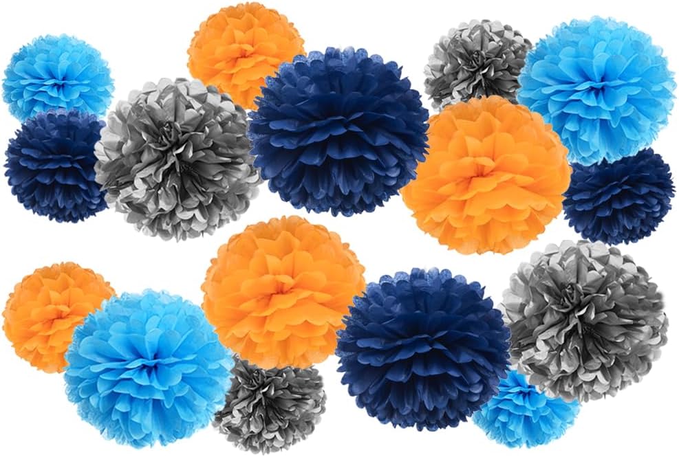 Silver Blue Orange and Navy Blue Tissue Paper Pom Poms Flower for Birthday Graduation Retirement Theme Party Decoration, 16pc