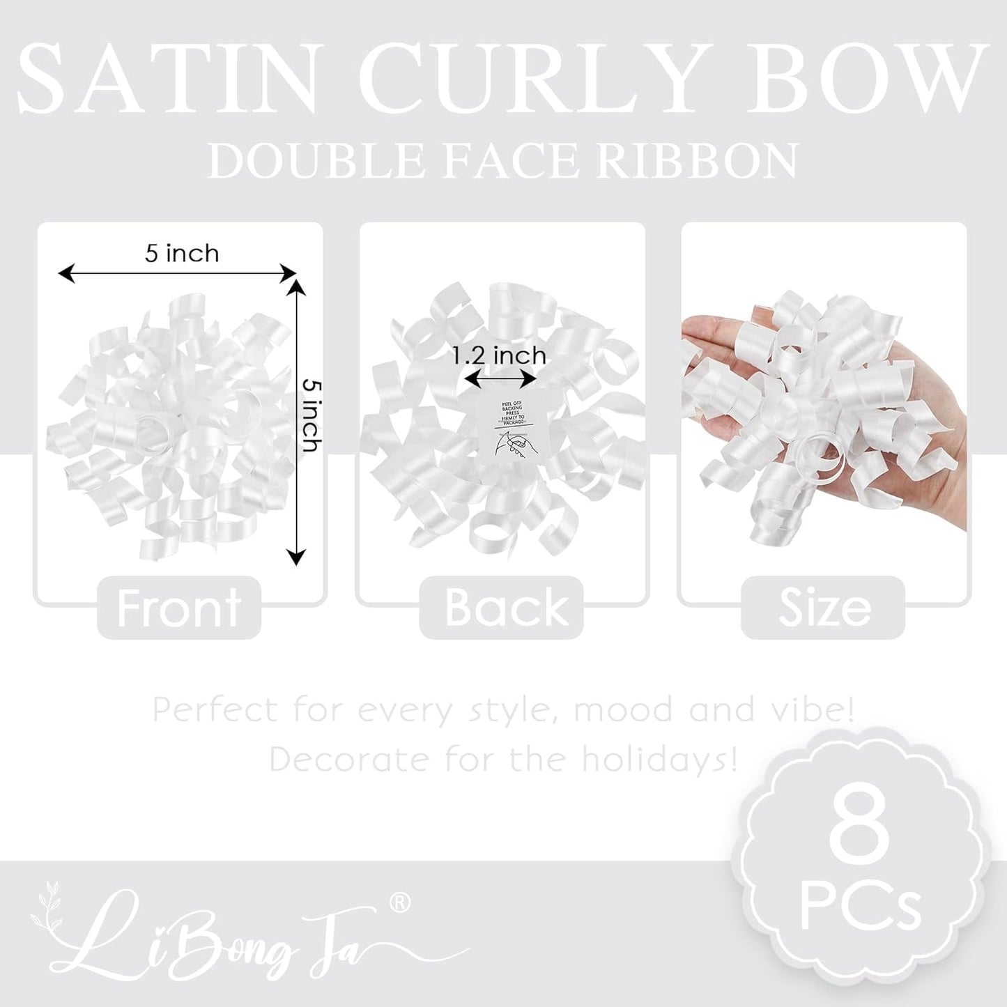 5 Inch White Gift Bow Curly Ribbon Bows Set of 8, Double Faced Satin Ribbon Bow Premade Self Adhesive Bow Decorations for Party, Wedding, Holiday, Gift Bows for Crafts, Wine Bottle, Presents