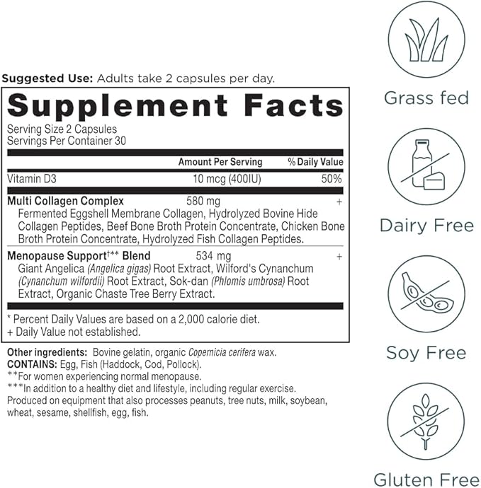 Ancient Nutrition Menopause Support + Collagen Supplement, Hydrolyzed Collagen Peptides, Key Clinically Validated Superfoods, Significant Improvement in Hot Flashes and Sleep Quality, 60 Capsules