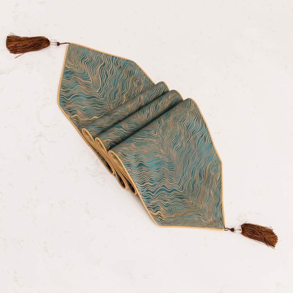 Avigers 12 x 78 Inch Decorative Luxury Abstract Striped Green Teal Table Runners with Tassels for Home Living Room Bedroom Art Decor Wedding