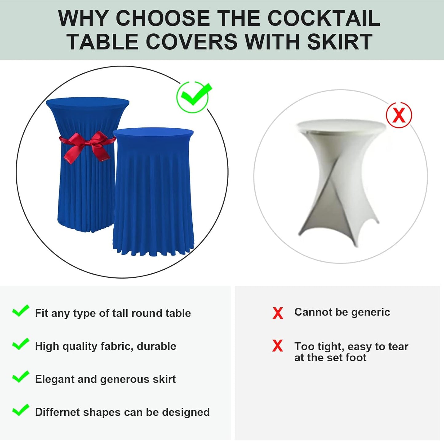 Cocktail Table Covers - 2 Pack 32"x 43" Royal Blue Cocktail Table Tablecloth with Natural Wavy Round Table Skirt Fitted High Top Table for Bar Wedding Party Banquet