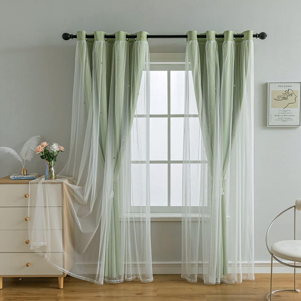 FANLI 2 Panels Star Blackout Curtains for Kid Girls Bedroom Living Room Darking Stripe Double Layer Star Cut Out Wall Home Decor Gradient Grommet Window Curtains (Green 84L)