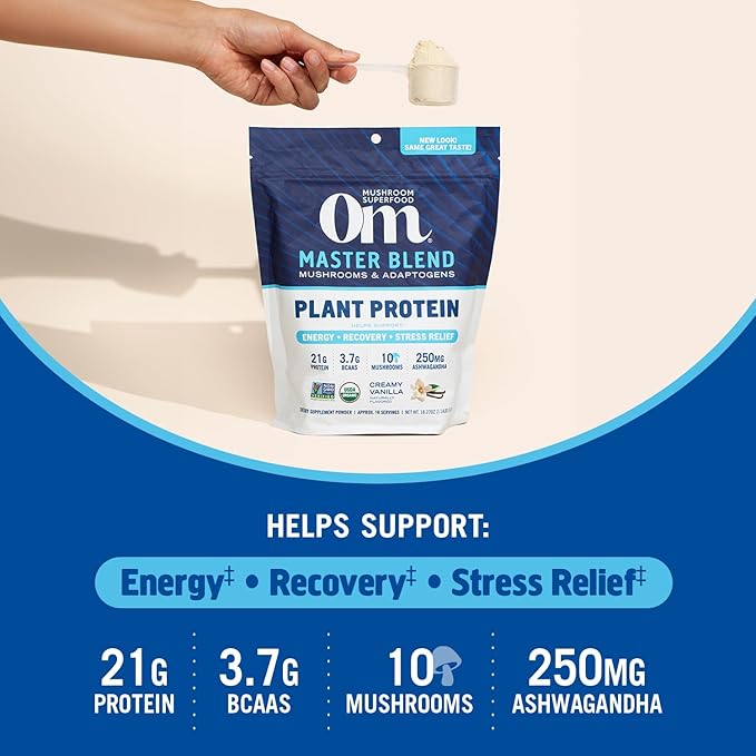 OM MUSHROOM SUPERFOOD Master Blend Plant-Based Protein Powder, 16 Servings, Creamy Vanilla with 10 Mushroom Blend & Adaptogens for Recovery, GLP-1 Support