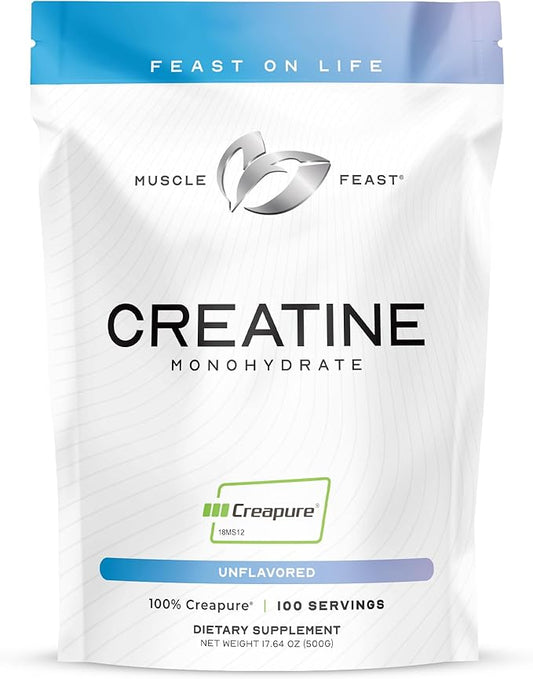 Muscle Feast Creapure Creatine Monohydrate Powder, Vegan Keto Friendly Gluten-Free, Mass Gainer, Muscle Recovery Supplement and Trusted Creatine for Muscle Growth, Creatine Powder, Unflavored, 500g