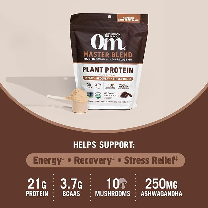 OM MUSHROOM SUPERFOOD Master Blend Creamy Chocolate Protein Powder, 16 Servings, Plant-Based with 10 Mushroom Complex for Recovery & Energy, GLP-1 Support