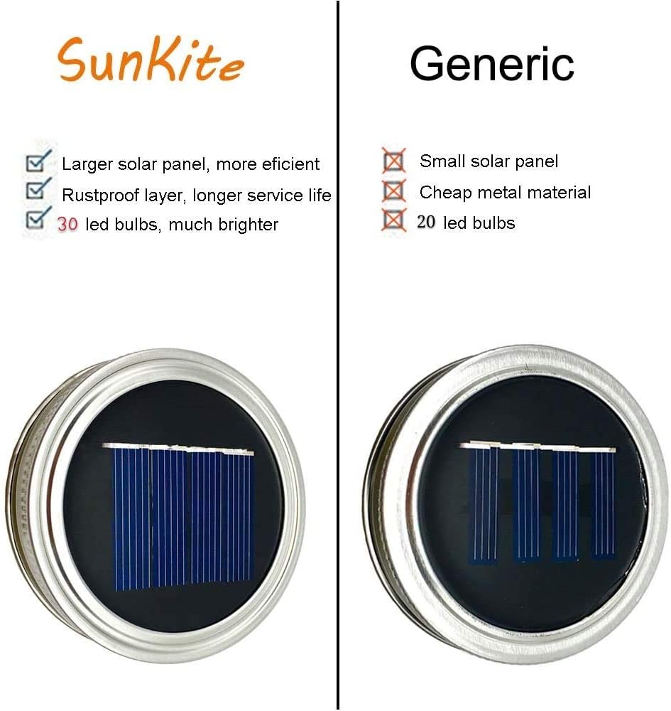 SunKite Solar Mason Jar Lights, 12 Pack 30 LED Waterproof Fairy Firefly Jar Lids String Lights with Hangers(NO Jars), Patio Yard Garden Wedding Decoration - Cool White