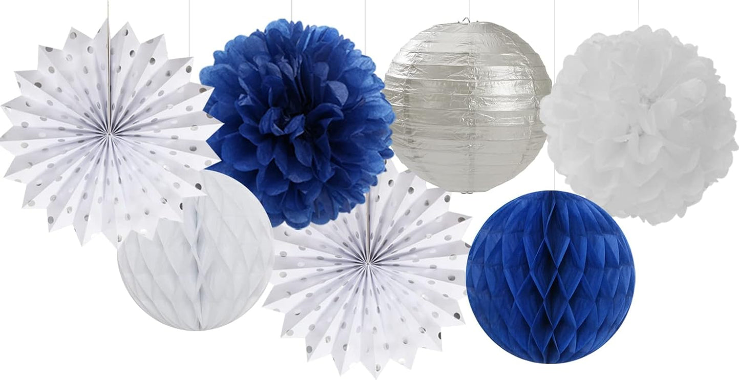 Navy-Blue White Silver Party Decorations - 14pcs Kits Paper Lanterns Fan,Tissue Flower Pom Poms Streamers,Honeycomb Balls,Graduation 2025 Men Birthday Wedding Baby Bridal Shower Decor Lasting Surprise