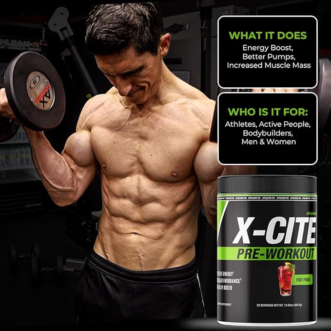 X-CITE Pre-Workout by ATHLEAN-X - Enhanced Formula with Beta-Alanine, Creatine & Caffeine for Ultimate Energy, Endurance, Focus & Muscle Pump, NSF Certified for Sports (22 Servings, Sour Green Apple)