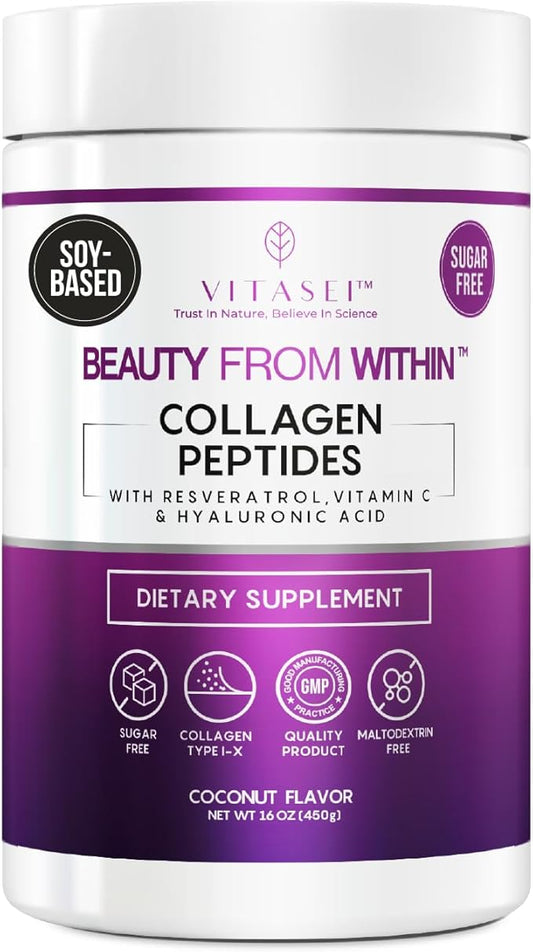 Hydrolyzed Collagen Peptides Powder with Vitamin C & Resveratrol - Hair, Skin and Nails Vitamins for Women & Men - Sugar Free - Coconut Flavored - 16 oz