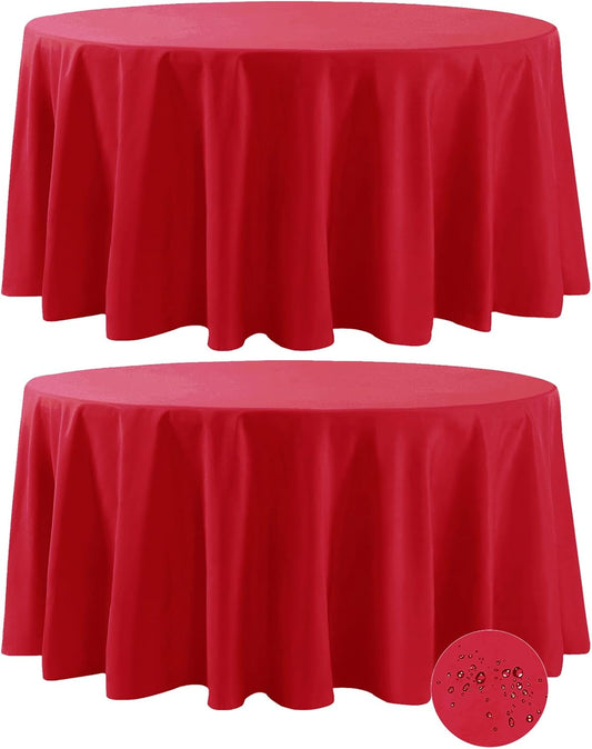 Fokitut 2 Pack Waterproof Round Tablecloth, 132 Inch, Stain Resistant and Wrinkle Polyester Table Cloth, Fabric Table Cover for Kitchen Dining, Wedding, Party, Holiday Dinner-Red