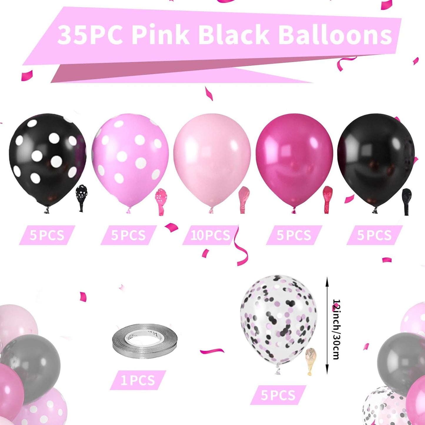 Pink and Black Balloons, Hot Pink Balloons White Dots Black White Dots Balloon with Confetti Balloon for Girls Women Birthday Baby Bridal Shower Wedding Theme Party Decorations