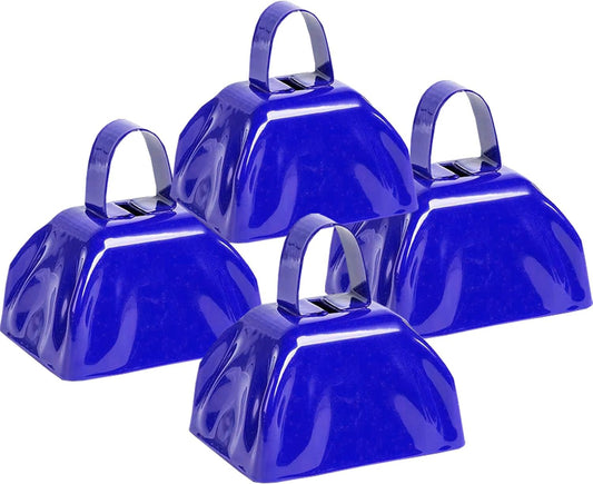 Metal Cow Bell Noise Maker - 3 Inch Pack of 4 - Small Loud Metal Cowbell Noisemaker with Handle - Great for Football Games, Sporting Events, Weddings, New Year's Eve, Birthday Parties