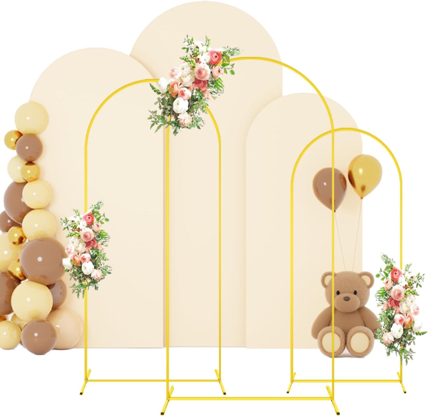 FOTSHARER Metal Wedding Arch Stand and Cover Set of 3 Gold Balloon Arch Backdrop Stand 6FT, 5FT, 4FT Beige Spandex Arch Covers Stretchy Backdrop for Gender Reveal Baby Shower Birthday Party Decoration