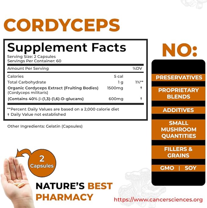 Cancer Sciences Cordyceps Mushroom Supplement Capsules - 1,500mg Organic Mushroom Complex for Wellness, High Potency 40% Beta-Glucans, Immune Support Supplement for Energy & Stamina Booster, 120 Count