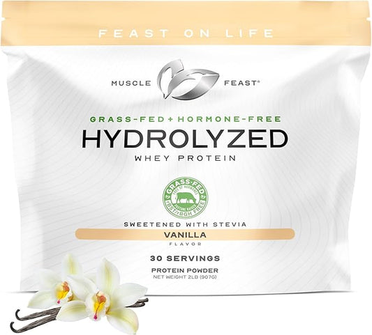 Muscle Feast Hydrolyzed Whey Protein Powder, Grass Fed and All Natural Hormone-Free, Hydro Whey Powder for Men and Women, Gluten Free, Non-GMO, Delicious Hydrolyzed Protein Powder, Vanilla, 2lb