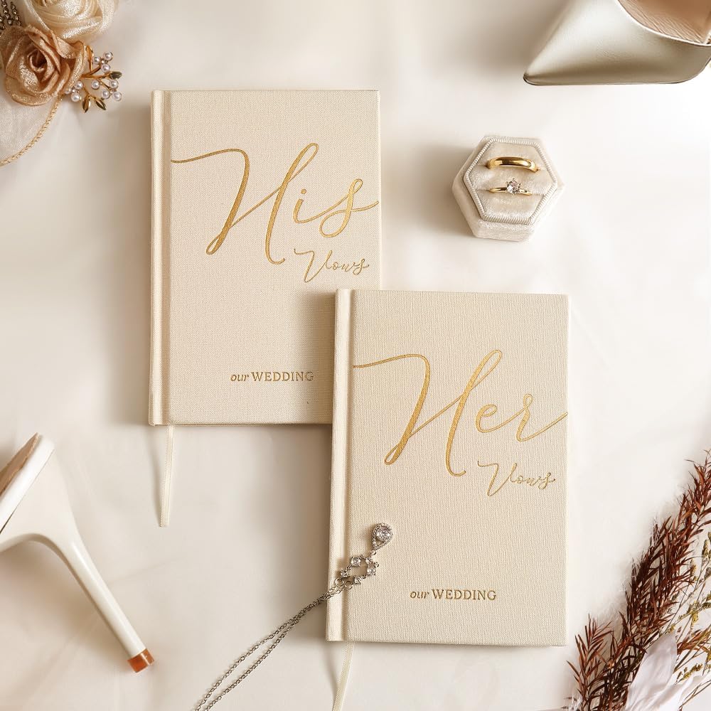 Vow Books His and Hers 2 Pack - 6 x 4 Inch Linen Hardcover Wedding Vow Books with Gold Foil Lettering & Bookmark, Wedding Ceremony Keepsake for Bride and Groom-His and Her Engagement Gift, 48 Pages