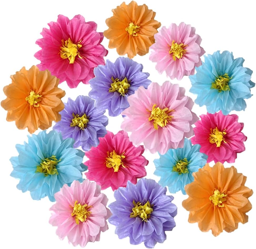15pcs Tissue Paper Pom Poms Tissue Paper Flowers Party Blossom Flower Backdrop for Birthday,Bridal,Baby Shower,Wedding ,Classroom, Nursery Garden Decor 8in 10in 12in
