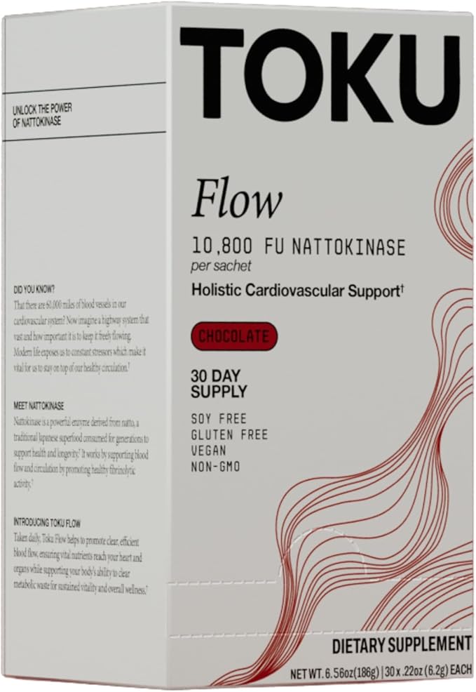 Toku Flow, Functional Daily Powder with 10,800 FU Soy-Free Nattokinase, Vitamin K2 MK7 & Oat Beta Glucan, Plant-Based Formula, Chocolate Flavor, 30 Packets