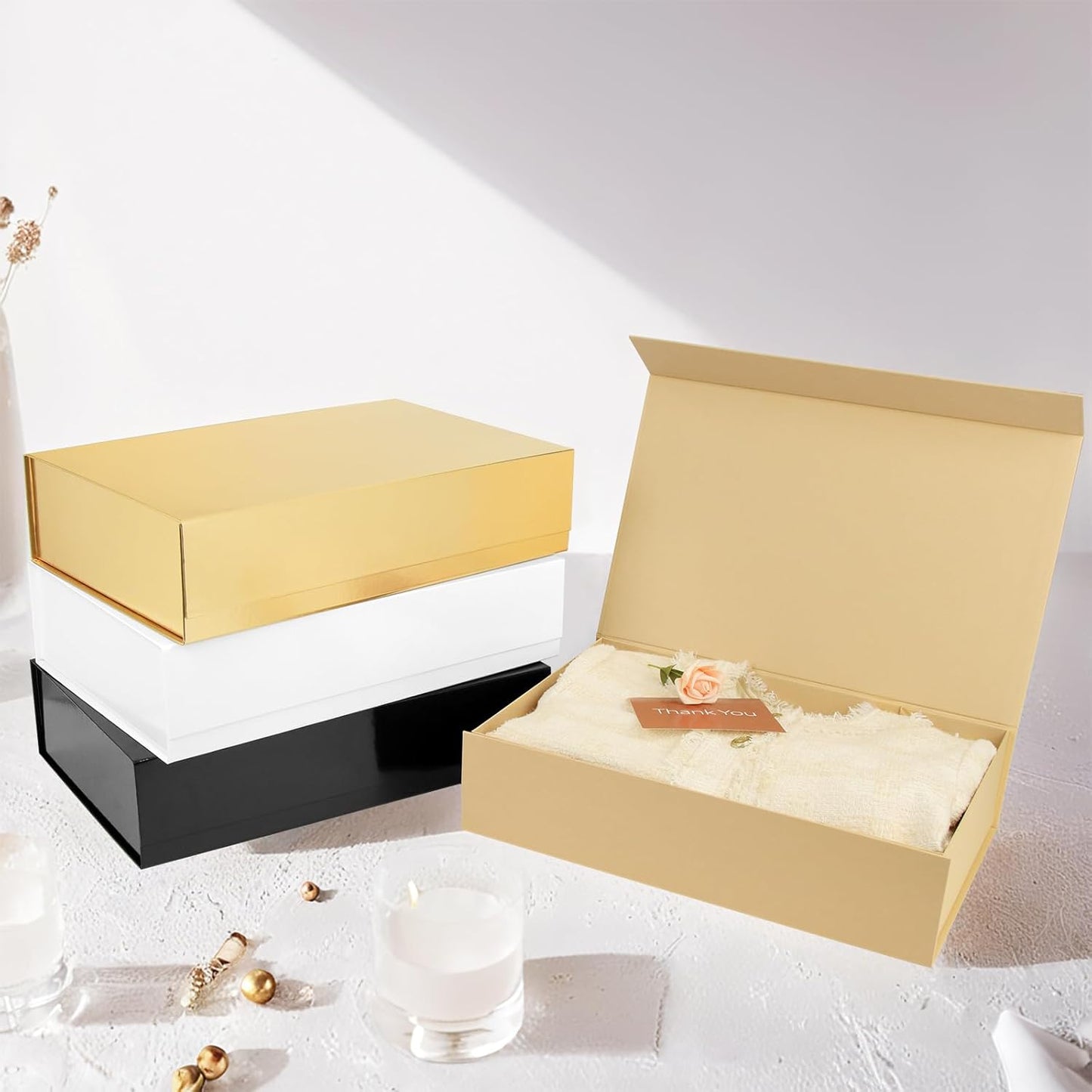 PACKHOME Extra Large Gift Box 17.5x11.3x4.3 Inches, Sturdy Shirt Box with Magnetic Lid for Clothes and Large Gifts (Glossy Black)