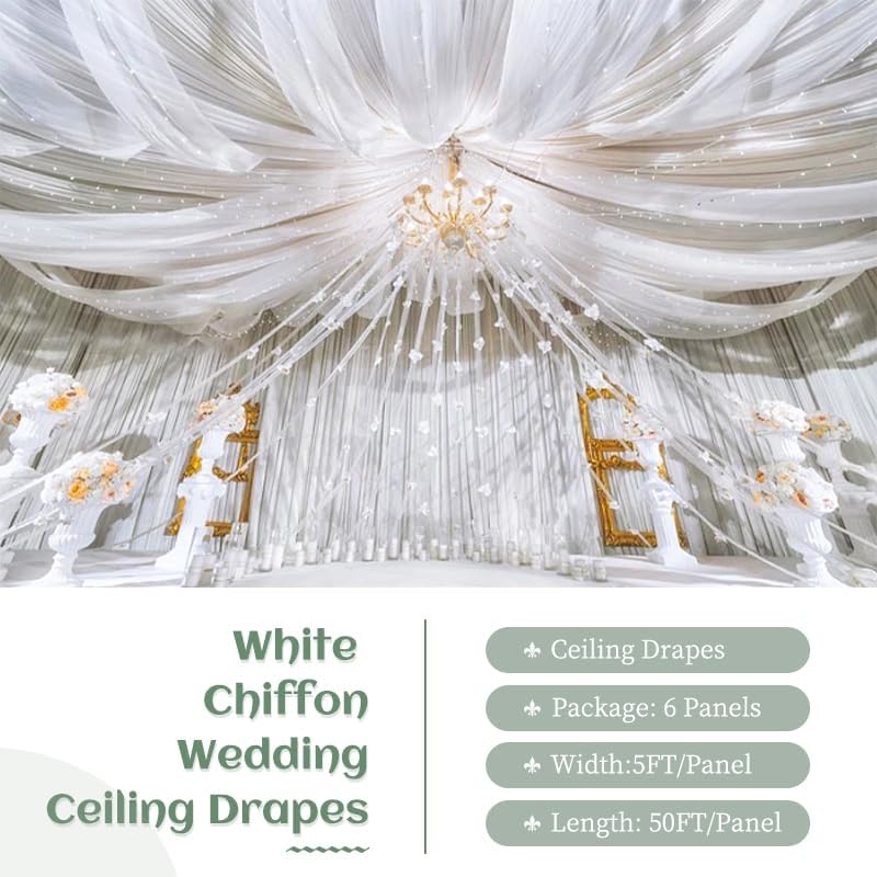 6 Panels White Wedding Ceiling Drapes 5ftx50ft Ceiling Drapes Chiffon Fabric Arch Draping Sheer Curtains Soft Drapery Draping Wedding Ceiling Decorations for Party Ceremony Stage Swag