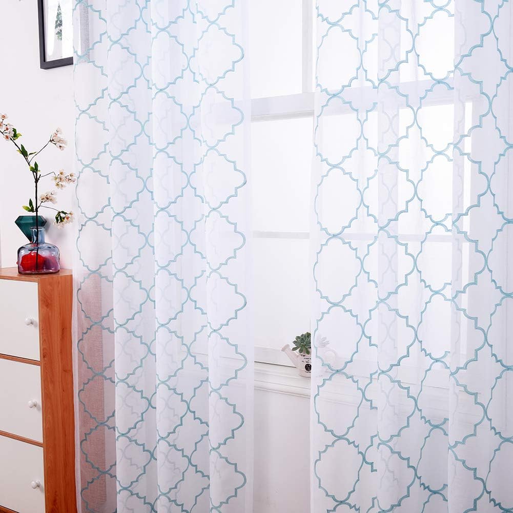 Embroidery Sheer Curtains Blue 95 Inches Long, Window Treatments Rod Pocket Drapes for Living room, Bedroom, Moroccan Design Crinkle Voile Curtain Panels for Yard, Villa, Parlor, Set of 2, 52"x 95".