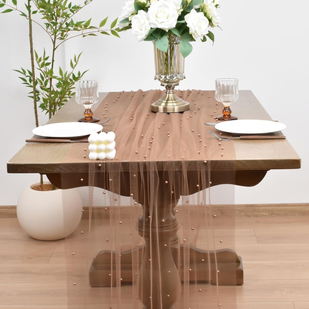 Joanlody Fall Pearl Table Runner 10ft Rustic Boho Tulle Table Runner with Pearls for Baby Shower Wedding Party Veil Dessert Thanksgiving Table Decor Coffee