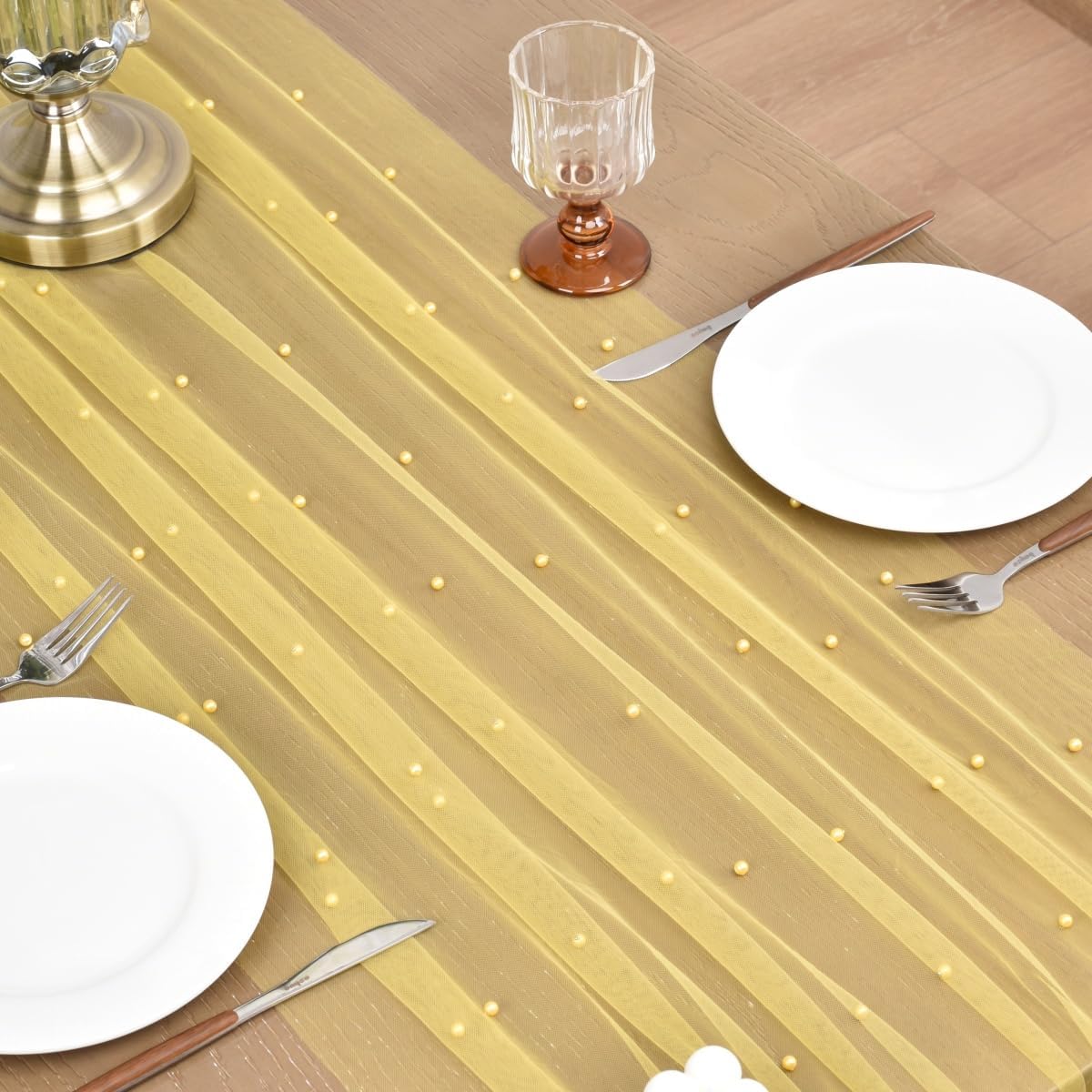 Joanlody Fall Pearl Table Runner 10ft Rustic Boho Tulle Table Runner with Pearls for Baby Shower Wedding Party Veil Dessert Thanksgiving Table Decor Yellow 4pcs