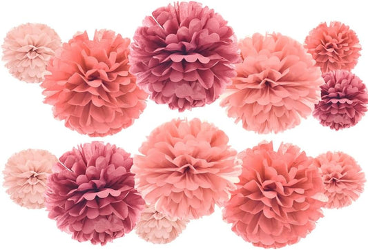 Dusty Rose Blush Pink Mauve Tissue Paper Pom Poms Flower for Baby Shower Valentine's Day Birthday Wedding Bachelorette Party Decoration, 12pc