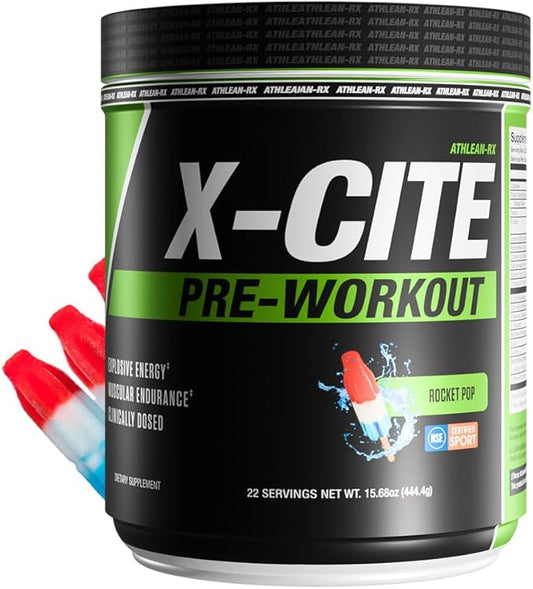 X-CITE Pre-Workout by ATHLEAN-X - Enhanced Formula with Beta-Alanine, Creatine & Caffeine for Ultimate Energy, Endurance, Focus & Muscle Pump, NSF Certified for Sports (22 Servings, Rocket Pop)