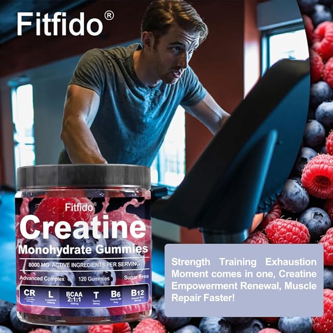 Creatine Monohydrate Gummies Complex 8000mg for Men and Women, Containing L-carnitine & Taurine, Build Muscle, Boost Energy, Faster Recovery, Pre-Workout Supplement, Raspberry & Blackberry, 120 Count