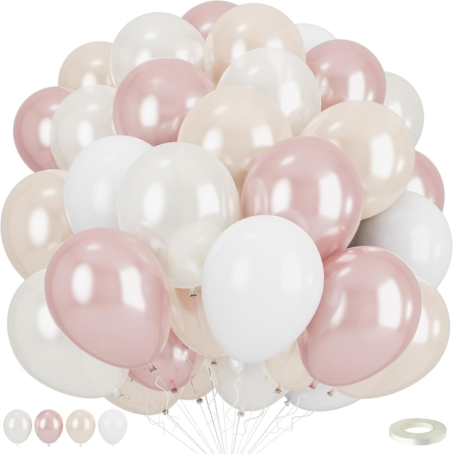 Double Stuffed Pearl White and Pink Balloons, 50pcs Double Stuffed Pearl Sand White Dusty Retro Pink Latex Balloons for Women Girls Boho Birthday Party Baby Shower Bridal Shower Wedding Engagement