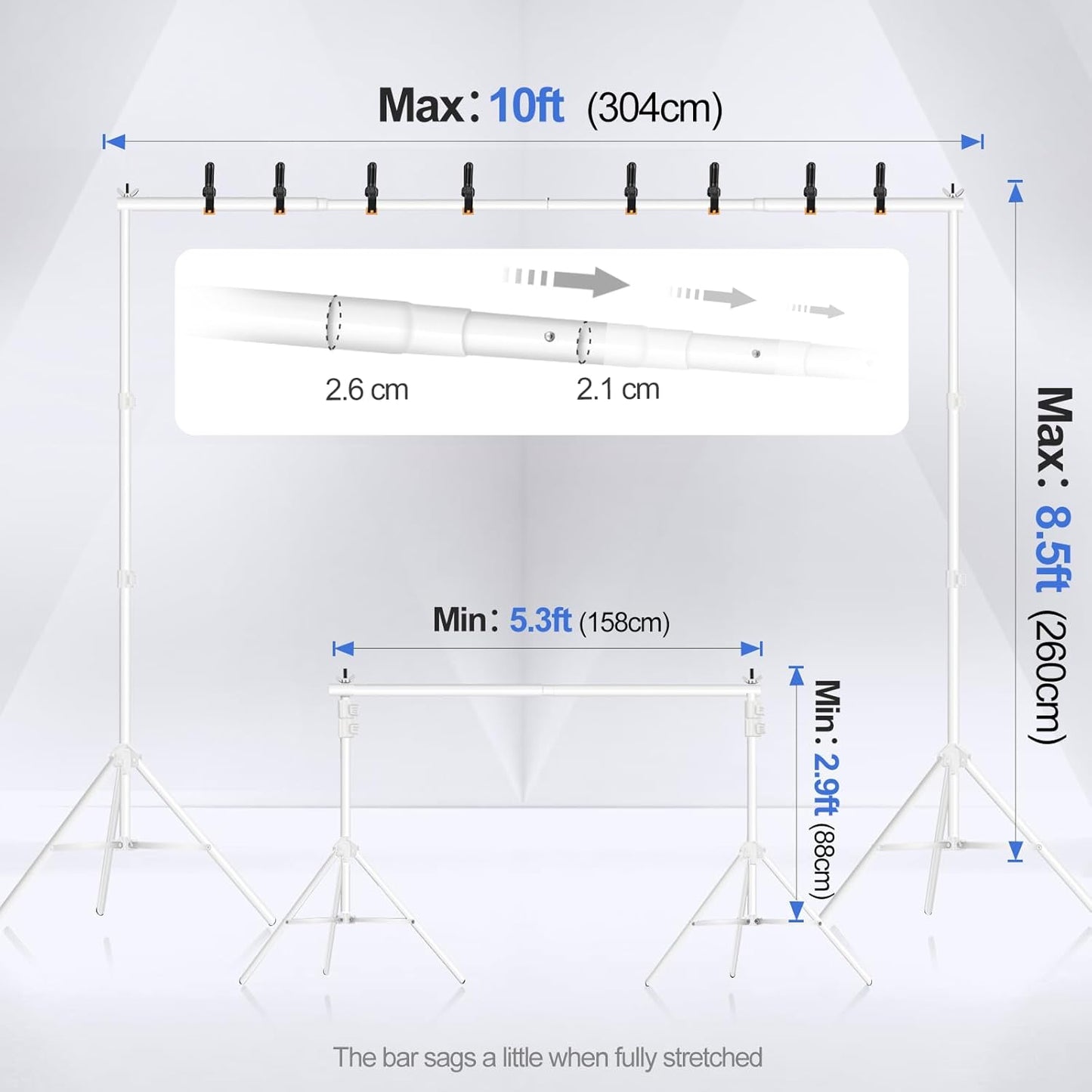 EMART Backdrop Stand 10x8.5ft(WxH) Photo Studio Adjustable Background Stand Support kit with 2 Crossbars, 8 Clamps, 2 Sandbags and Carry Bag for Parties, Events Decoration, Wedding, Photography -White