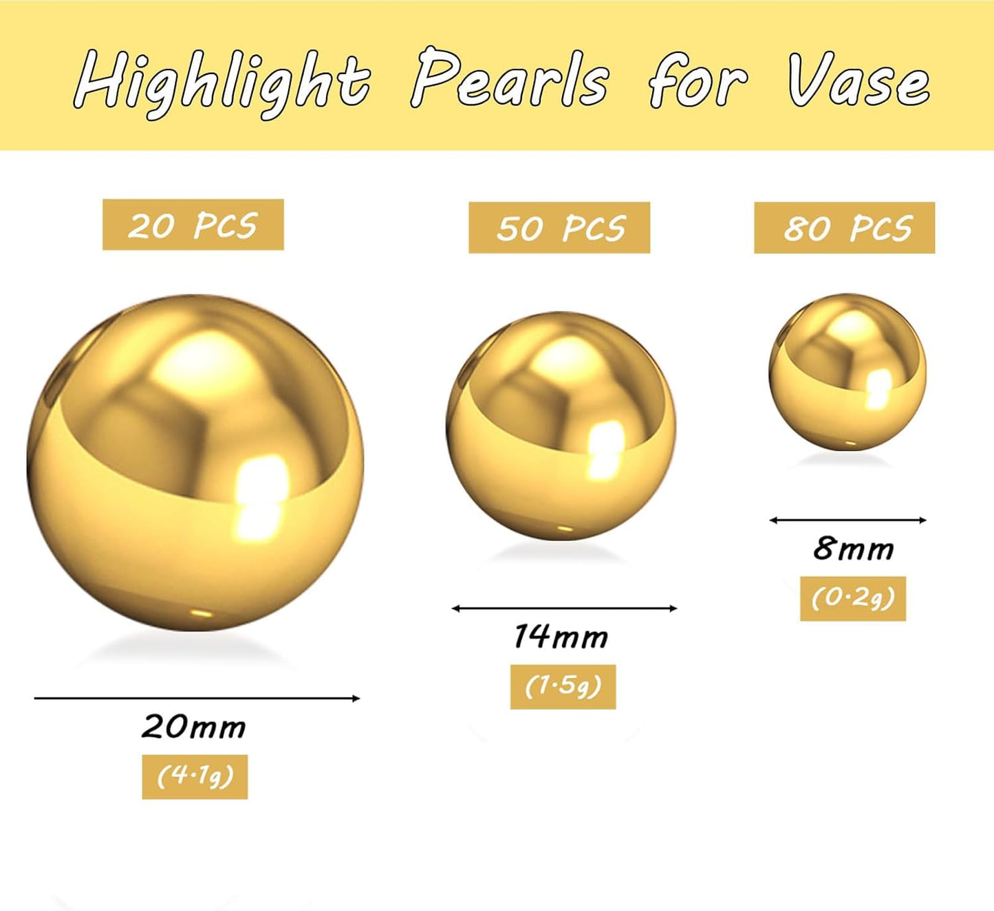 150Pcs Brightgold Polished No Hole Faux Pearl Beads for Vase Filling Decorations, Plastic Pearls Vase Fillers, Table Scatters, Wedding Centerpiece, Home Decor, 8/14/20 mm