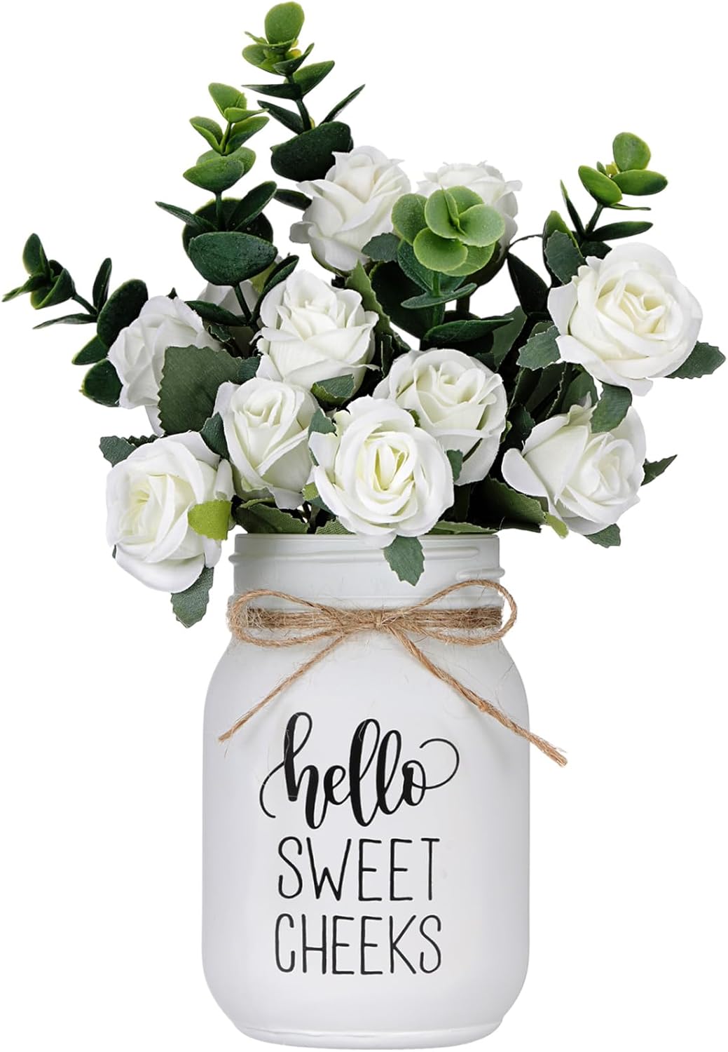 XunYee Farmhouse Bathroom Decor Hello Sweet Cheeks Sign Mason Jar with Flowers 16.9 oz White Mason Jar Centerpiece Table Rustic Decor for Restroom Bathroom Shelf Bridal Shower Kitchen