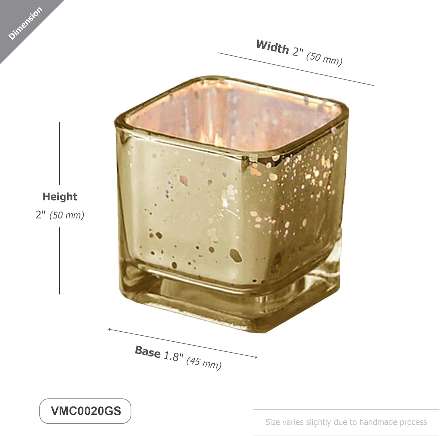 WGV 2 Inch Gold Speckle Square Cube Glass Votive Candle Holder Bulk, Small Tiny Mercury Tea Light 2x2”, 6 Pc