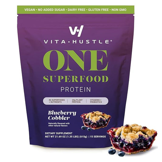 VitaHustle ONE Meal Replacement Shake - Plant Based Protein Powder by Kevin Hart - Vegan, Meal Replacement Powder with Superfoods, Vitamins, Adaptogens & Probiotics - Blueberry Cobbler Flavor, 15 Servings