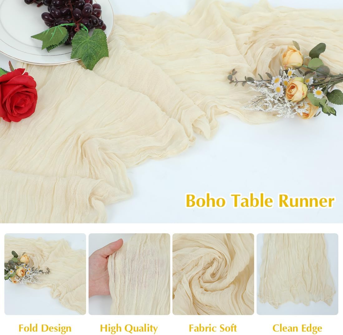 10 Pack Beige Cheesecloth Table Runner -21*120Inch Long Boho Wedding Table Decor, Rustic Gauze Fabric Runner for Bridal Showers, Baby Showers & Parties (Sheer, Lightweight, Wrinkled Design)