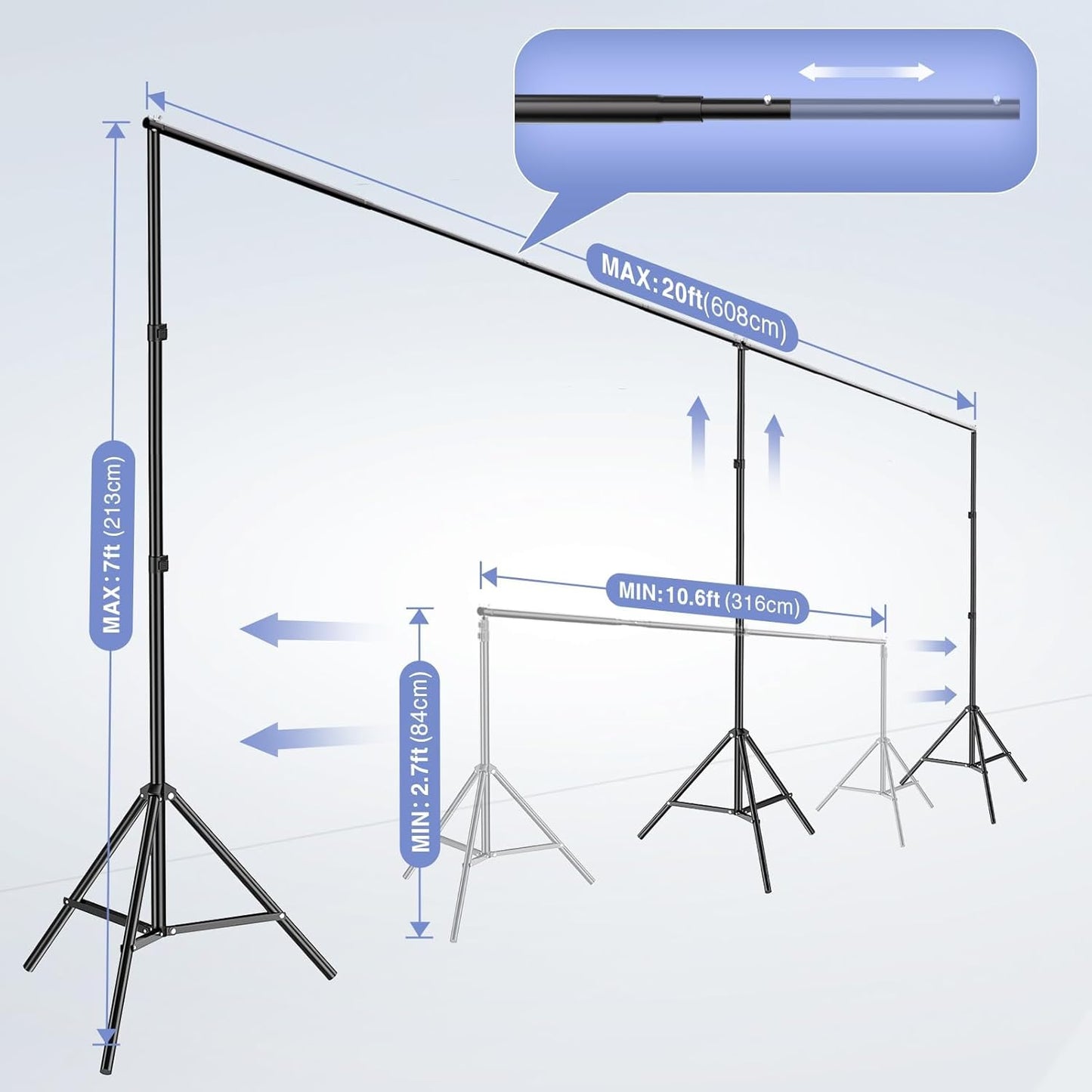 EMART Backdrop Stand, 20x7ft(WxH) Large Adjustable Background Support System with 308° Angle Rotatable Connector, 8 Clamps, 3 Sandbags and Carry Bag for Paties, Wedding, Photography Studio
