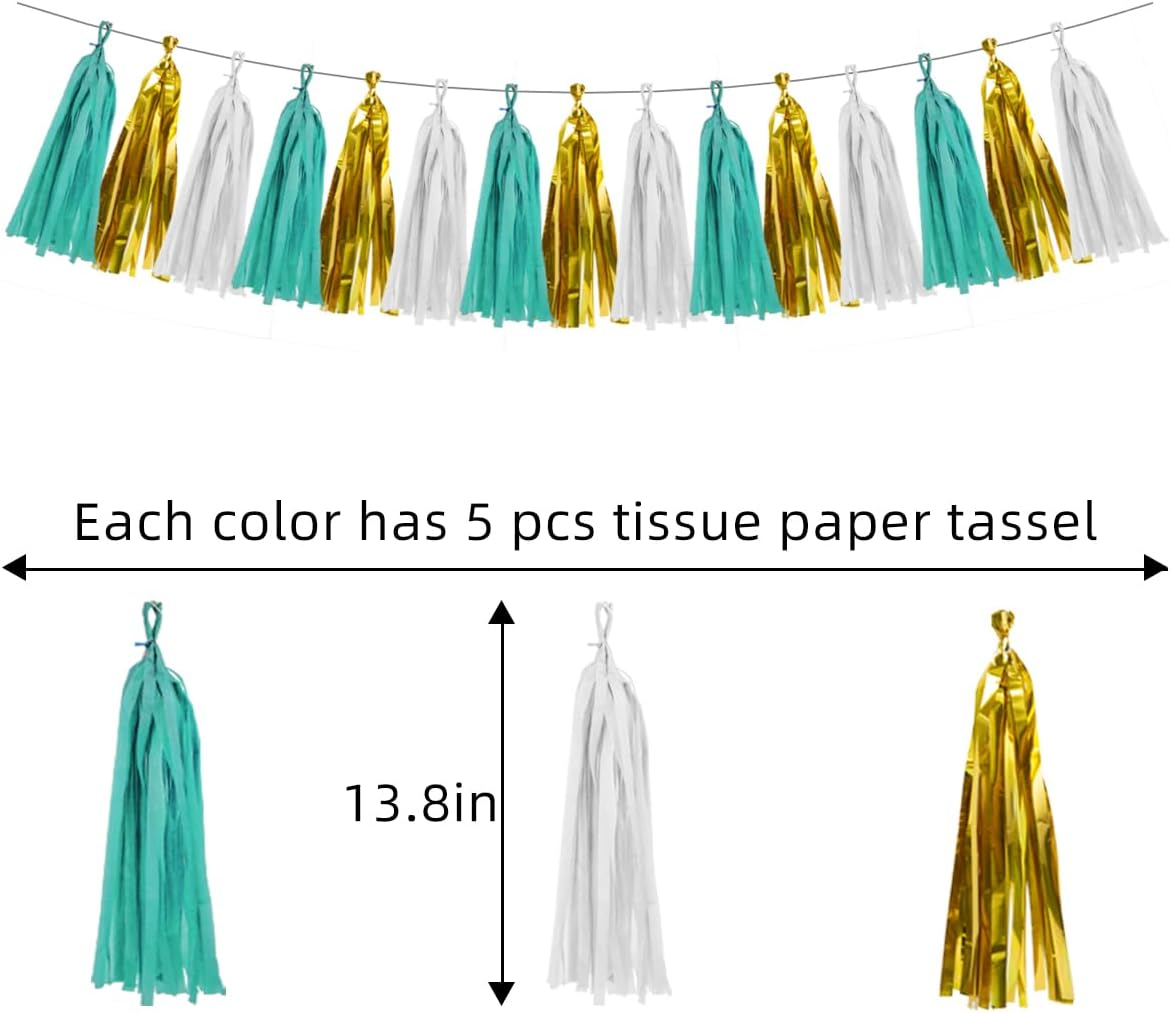 White Gold Teal Party Decorations – 15Pcs Tissue Paper Tassel Garland for Women BirthdayDecoration Wedding Baby Shower Bridal Shower Bachelorette Engagement HongTongTong