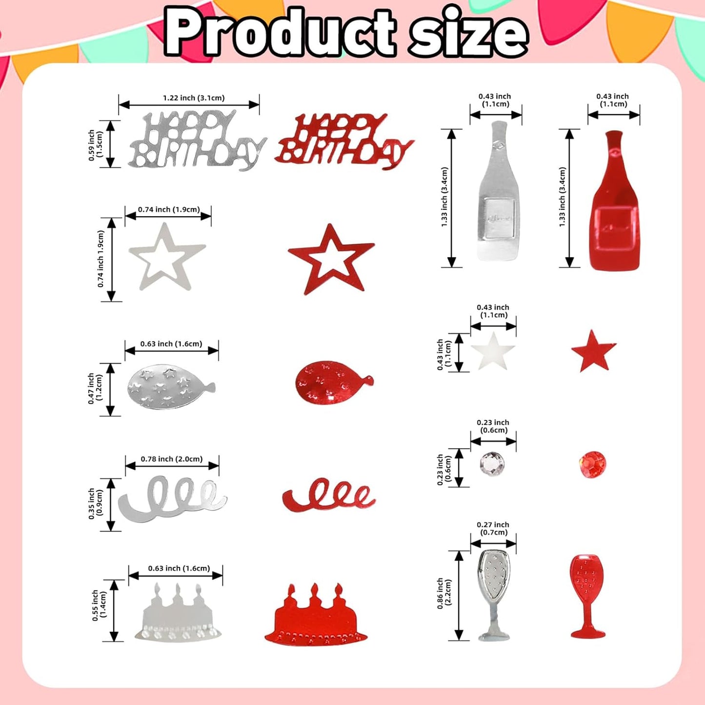 VHUWE Happy Birthday Confetti, 1.6 oz Red Silver Cake Balloon Star Goblet Bottle Glitter Confetti for Boys Girls Kids Women Men Happy Birthday Party Table Decorations Supplies