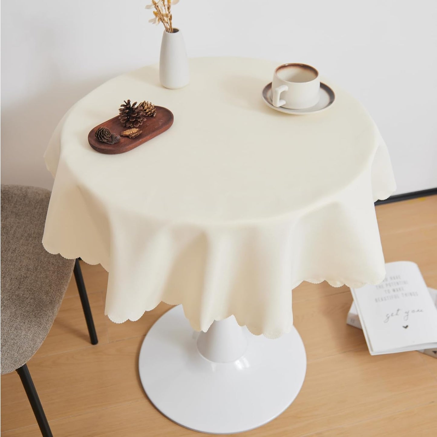 Small Round Beige Tablecloth 36 Inch Polyester Fabric Washable Table Cover Decorative Wrinkle Resistant Solid Color Table Cloth for Dining Party Wedding Camping