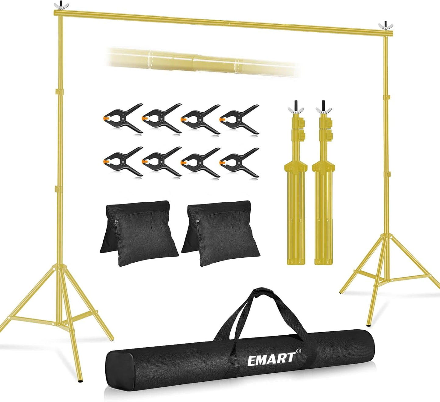 EMART Backdrop Stand 10x8.5ft(WxH) Photo Studio Adjustable Background Stand Support kit with 2 Crossbars, 8 Clamps, 2 Sandbags and Carry Bag for Parties, Events Decoration, Wedding -Titanium Gold