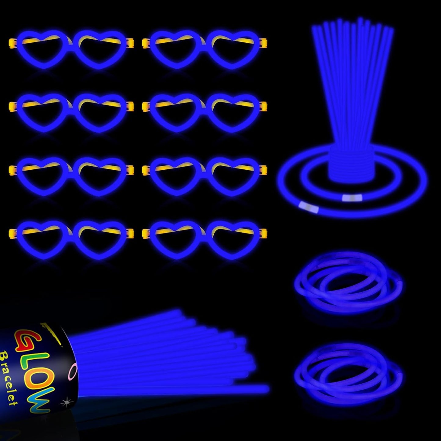 60 Pack 8” Blue Glow Sticks Bulk Bright Glow Sticks with 60 Connectors 20 Heart Glasses Glow In The Dark Party Supplies Neon Party Decorations Glow Bracelet Glasses for Holiday Carnival (Blue)