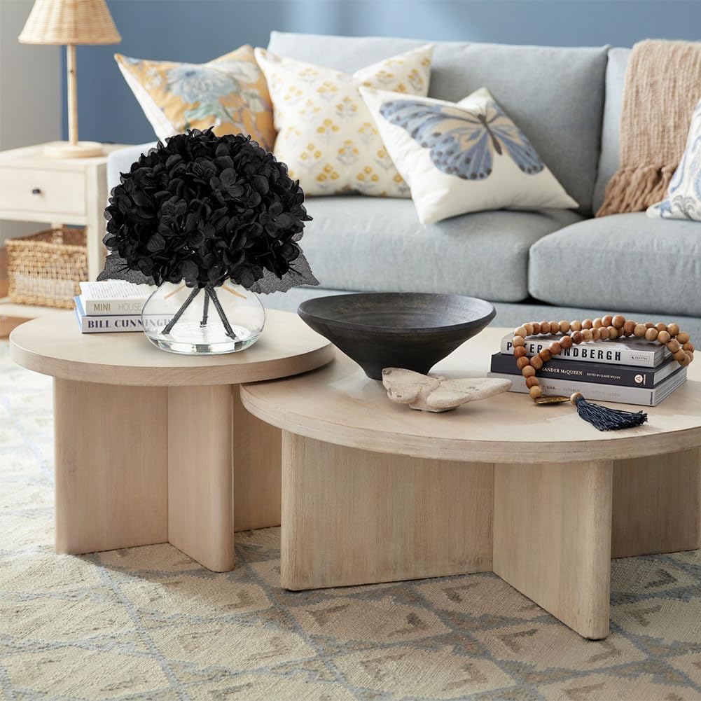 Hollyone Hydrangea Fall Flowers Artificial for Decoration with Glass Vase Black Silk Faux Flowers Arrangements in Vase with Faux Water Fake Floral Bouquet Table Centerpiece Halloween Home Decor