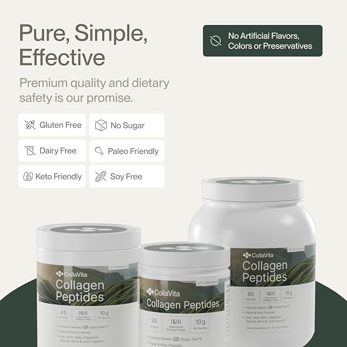 Collagen Peptides Powder Grass-Fed Pasture-Raised Hydrolyzed Collagen Powder, Type I & III Hair, Nails, Skin and Joints, Non-GMO, Paleo & Keto, Unflavored, 10 Fl oz. 30 Servings