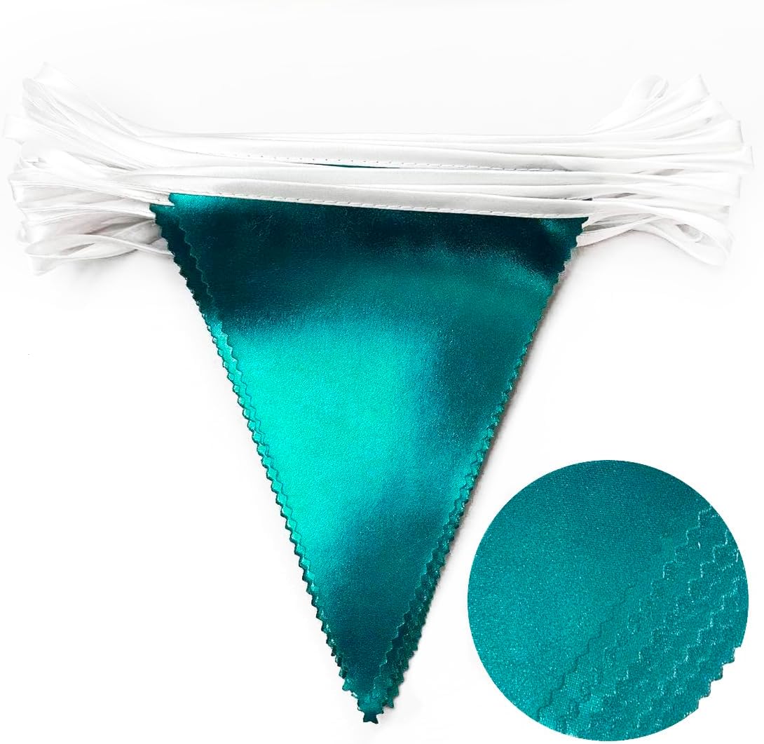 Teal Aqua Blue Triangle Pennant Banner Dark Metallic Fabric Flag Bunting Garland for Birthday Baby Shower Bridal Shower Graduation Wedding Holiday Retirement Mermaid Party Decorations Supplies