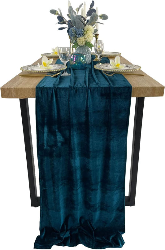 Luxurious Velvet Table Runner, 10ft Wedding Reception Decorations, 20x120inch Soft Velvet Fabric, Table Linen Overlay, Wedding Table Runners (Peacock Blue, 20X120inch)