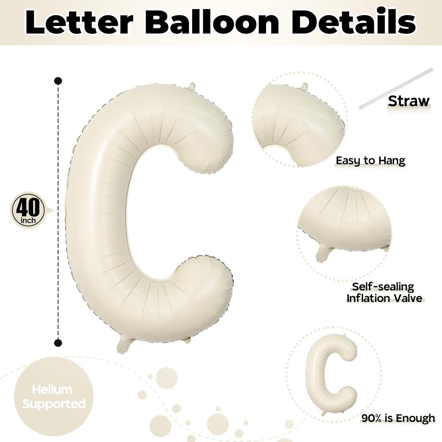 Giant Alphabet C Foil Balloons, Nude Cream White Custom Mylar Letters Balloon Birthday Decor, 40 Inch Helium Self Inflating Beige C Name Balloons Letter for Girls Baby Shower Party Decoration Supplies