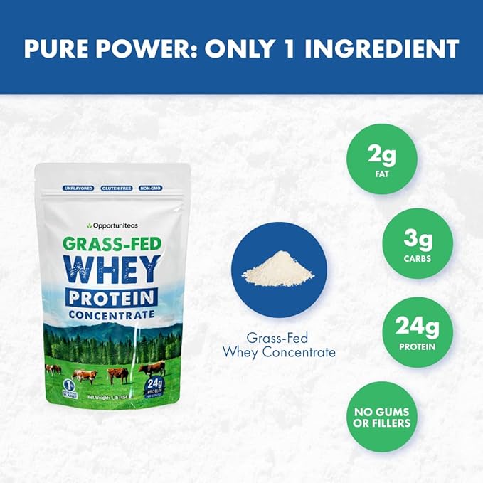 Opportuniteas Grass Fed Whey Protein Powder Concentrate - 1 Ingredient - Pure Protein Supplement for Drink, Smoothie, Shake, Cooking & Baking - Non GMO, Hormone Free & Gluten Free - 1 Pound