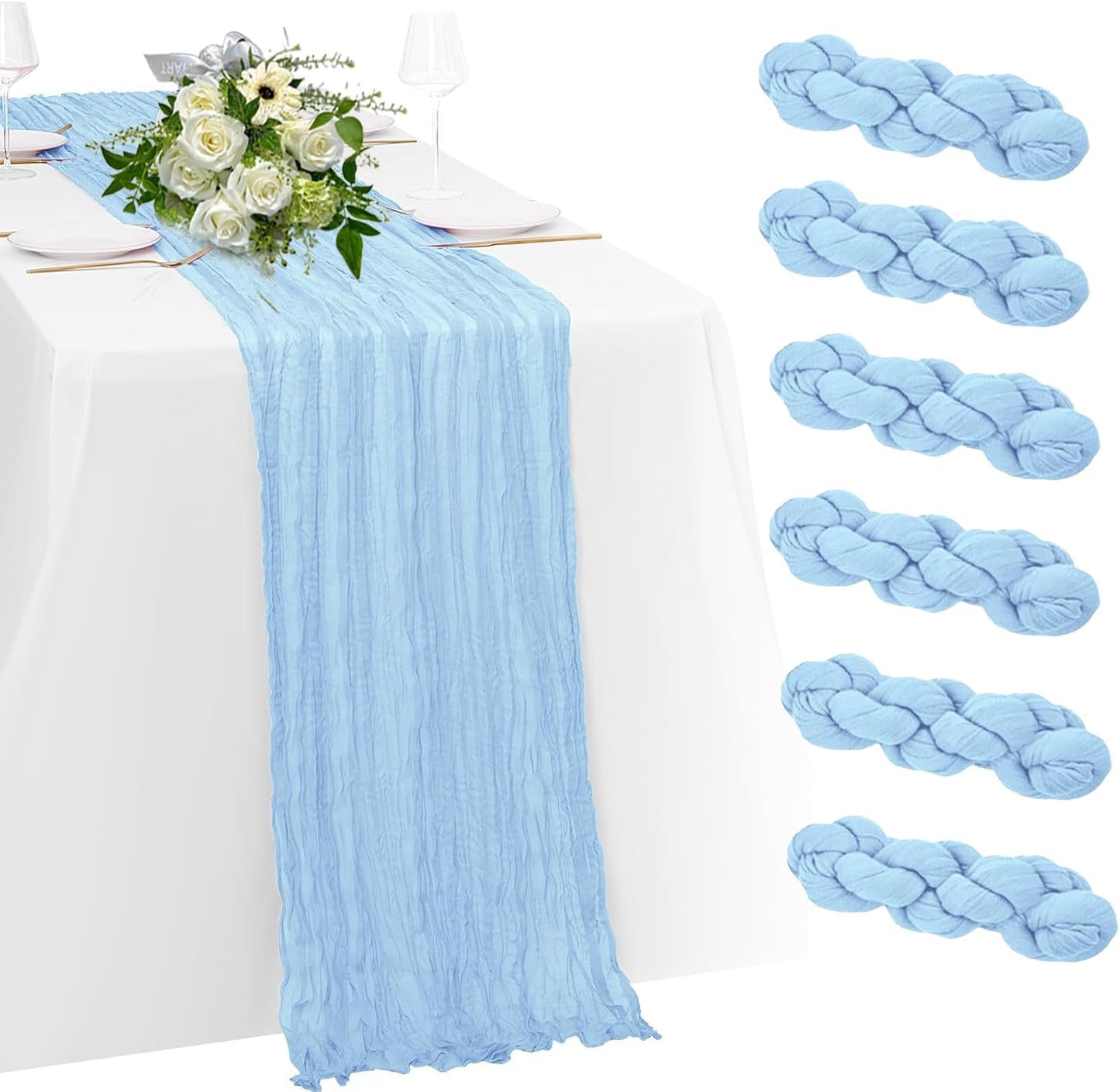 6 Pack Baby Blue Cheesecloth Table Runner 23x120 inch Rustic Boho Gauze Table Runner 10 FT Long Sheer Cheese Cloth Fabric Table Runners for Romantic Wedding Bridal Shower Birthday Party Decor